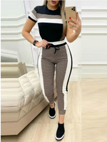 Load image into Gallery viewer, Colorblock Plaid Striped Short Sleeve Tape Top &amp; Drawstring Pants Set Casual Basic Women Two Piece Set
