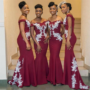 Burgundy African Bridesmaid Dresses Off Shoulder White Lace Mermaid Wedding Dress Custom made