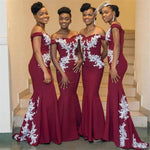 Load image into Gallery viewer, Burgundy African Bridesmaid Dresses Off Shoulder White Lace Mermaid Wedding Dress Custom made
