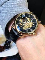 Load image into Gallery viewer, Men Watches Top Brand Luxury Mechanical Skeleton Watch Black Golden 3D Literal Design Roman Number Black Dial Clock
