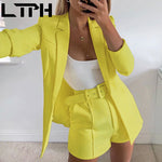 Load image into Gallery viewer, Ladies Casual Short Suits  long sleeve cardigan Blazer Set two piece outfits shorts solid Lady Short Suits
