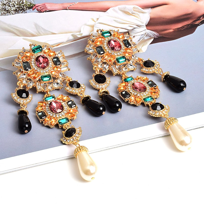 HGM Metal Colorful Crystals Dangle Drop Earrings Hanging Pearls Fine Rhinestone Jewelry Accessories For Women