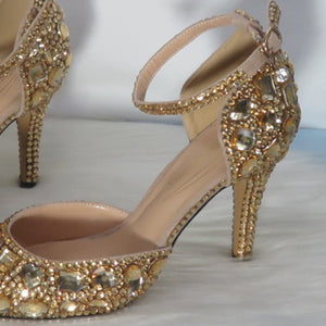 HGM Champagne Golden crystal women Wedding shoes Rhinestone high heels ankle strap shoes women party dress shoes