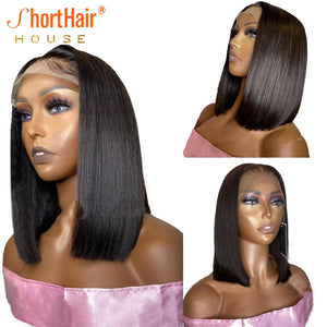 Short Bob Wig 13x6x1 T Part Lace Front Human Hair Wigs For Black Women Brazilian Bone Straight Wig Pre Plucked Black Color 180%
