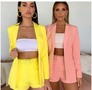 Ladies Casual Short Suits  long sleeve cardigan Blazer Set two piece outfits shorts solid Lady Short Suits