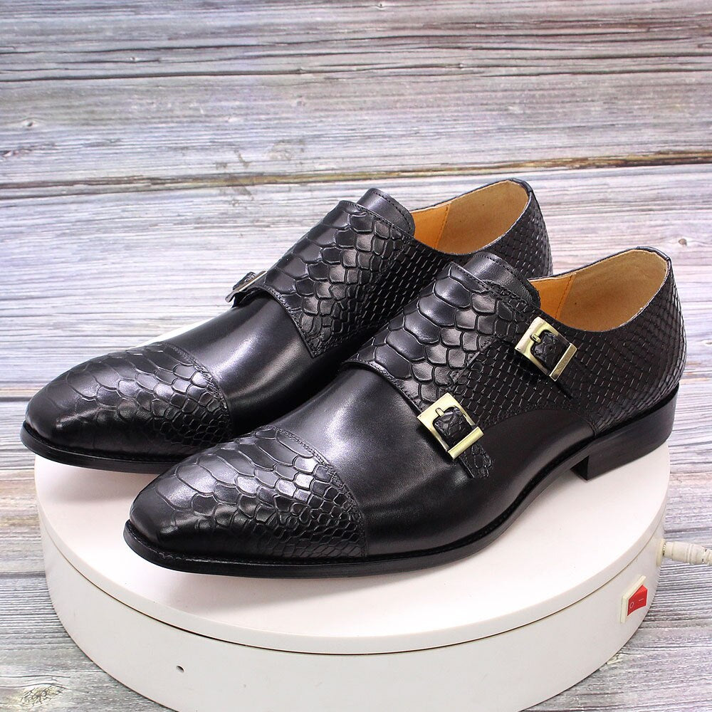 Men's Dress Shoes Genuine Leather Double Buckle Monk Strap Men Shoes Snake Print Cap Toe Classic Italian Shoes