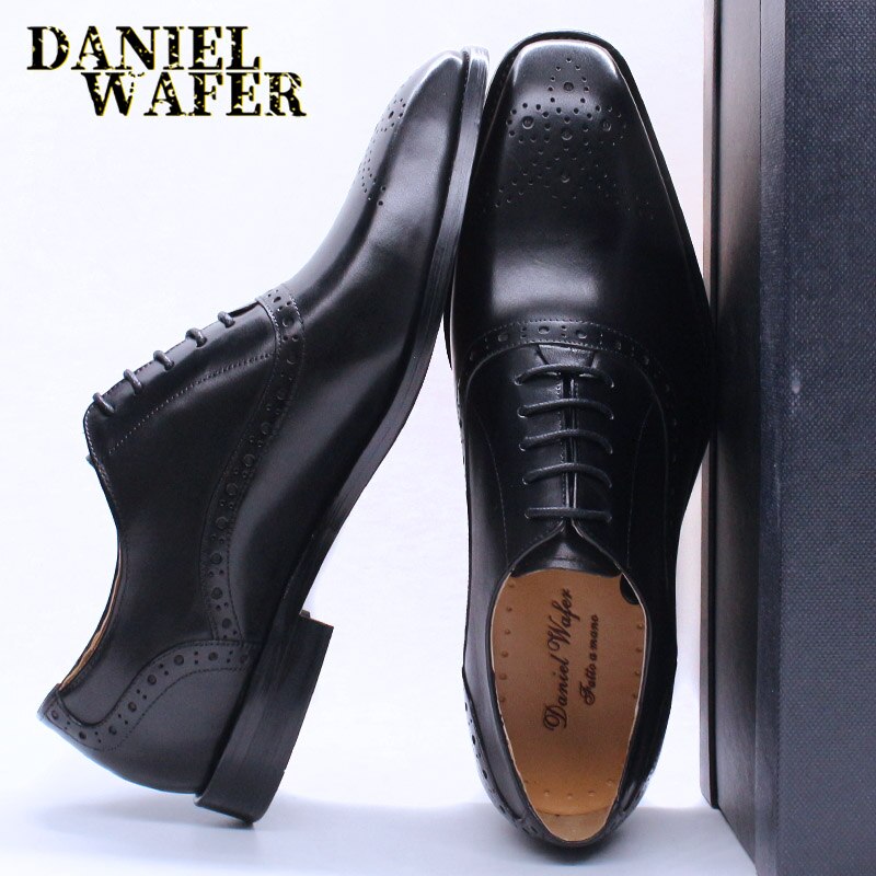 Luxury Mens Oxford Genuine Leather Shoes Black Brown Classic Shoes Brogue Lace Up Dress Wedding Office Business Men Formal Shoes