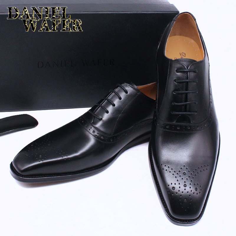 Luxury Mens Oxford Genuine Leather Shoes Black Brown Classic Shoes Brogue Lace Up Dress Wedding Office Business Men Formal Shoes