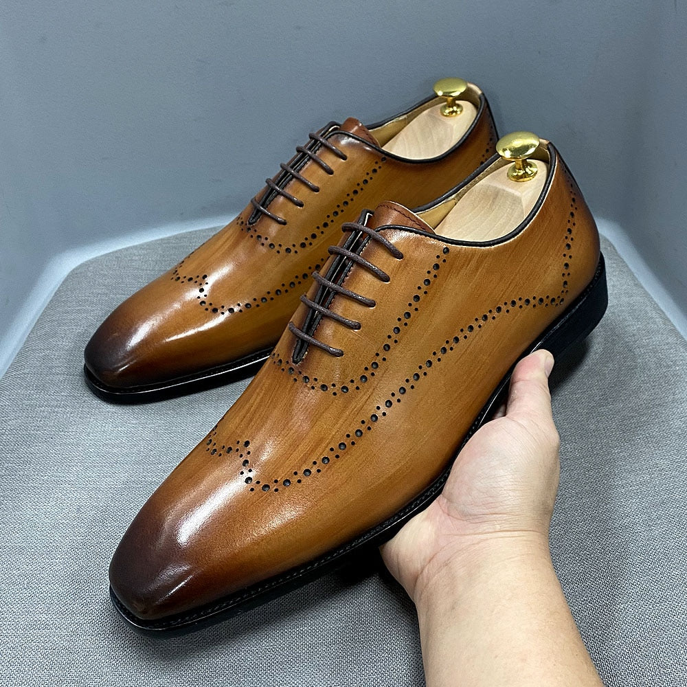 Men's Oxford Shoes Wingtip Genuine Calf Leather Luxury Brand Lace Up Business Office Brogue Dress Shoes