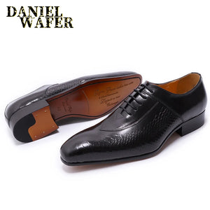 Fashion Men's Genuine Leather Oxford Snake Skin Prints Handmade Lace Up Pointed Toe Dress Shoes