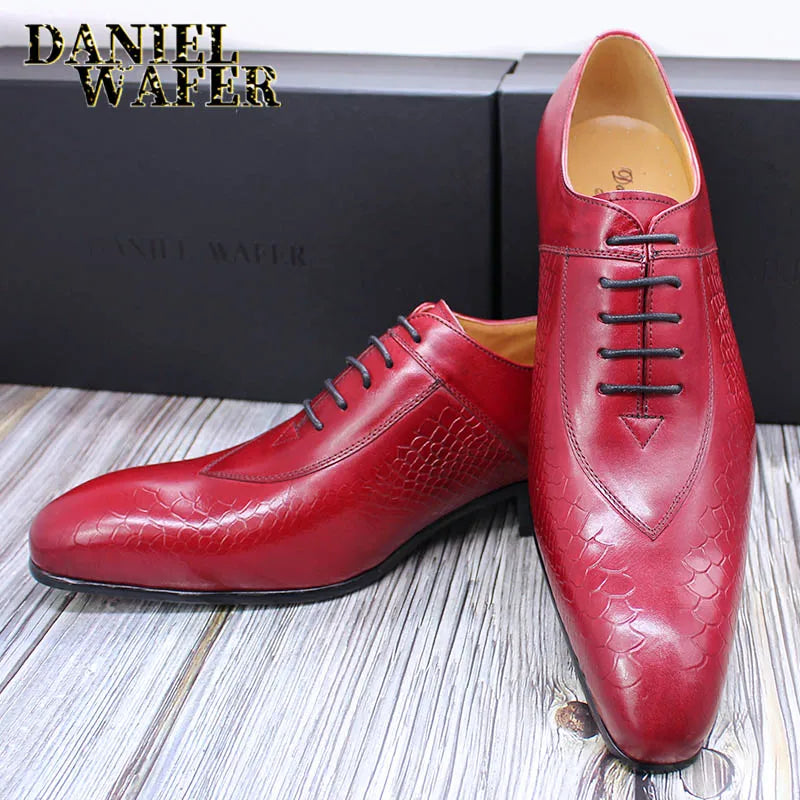 Fashion Men's Genuine Leather Oxford Snake Skin Prints Handmade Lace Up Pointed Toe Dress Shoes