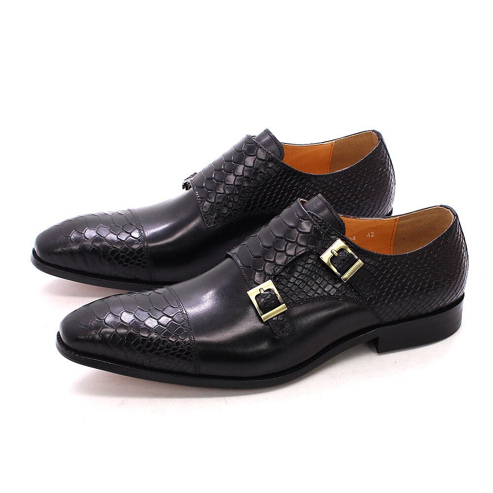 Men's Dress Shoes Genuine Leather Double Buckle Monk Strap Men Shoes Snake Print Cap Toe Classic Italian Shoes