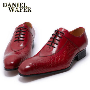 Fashion Men's Genuine Leather Oxford Snake Skin Prints Handmade Lace Up Pointed Toe Dress Shoes