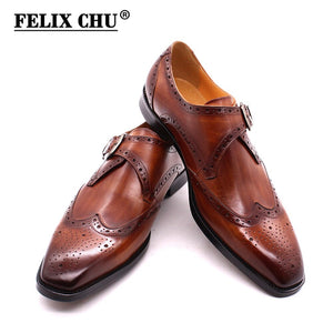 Men's Genuine Leather Italian Wingtip Oxfords Monk Strap Buckle Brogue Business Wedding Formal Shoes