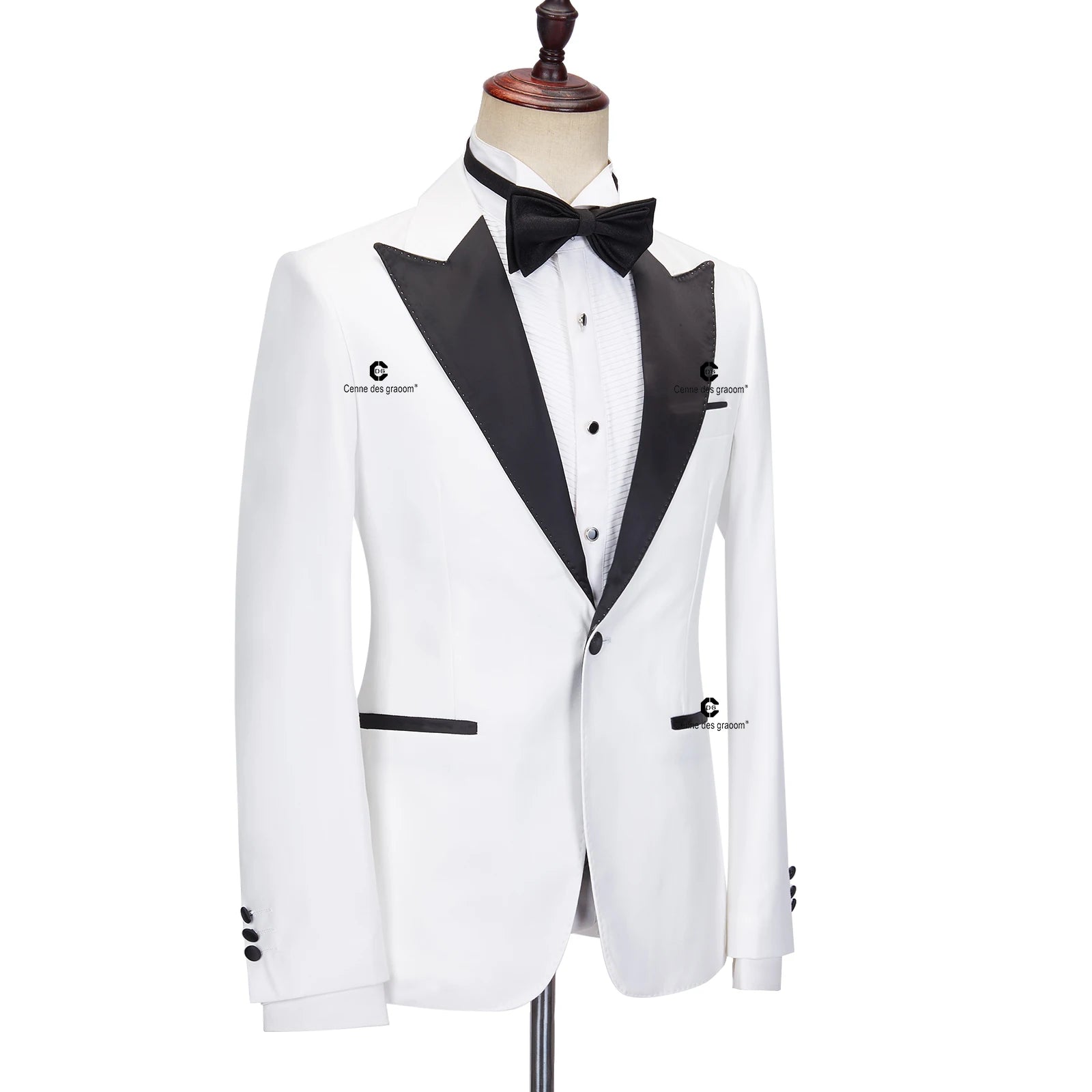 Cenne Des Graoom Lapel Slim Fit Black and White Solid One Button Elegant Suit