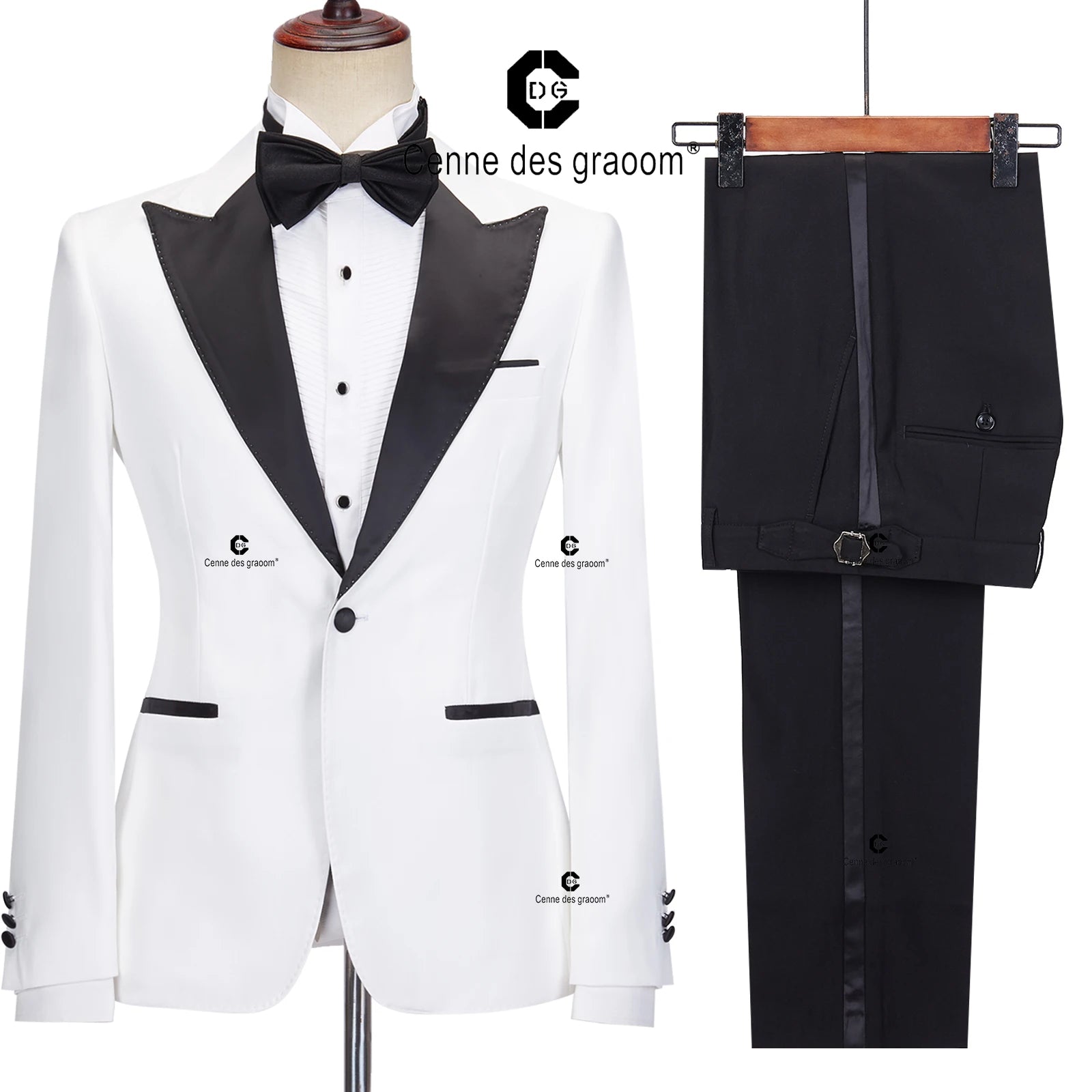 Cenne Des Graoom Lapel Slim Fit Black and White Solid One Button Elegant Suit