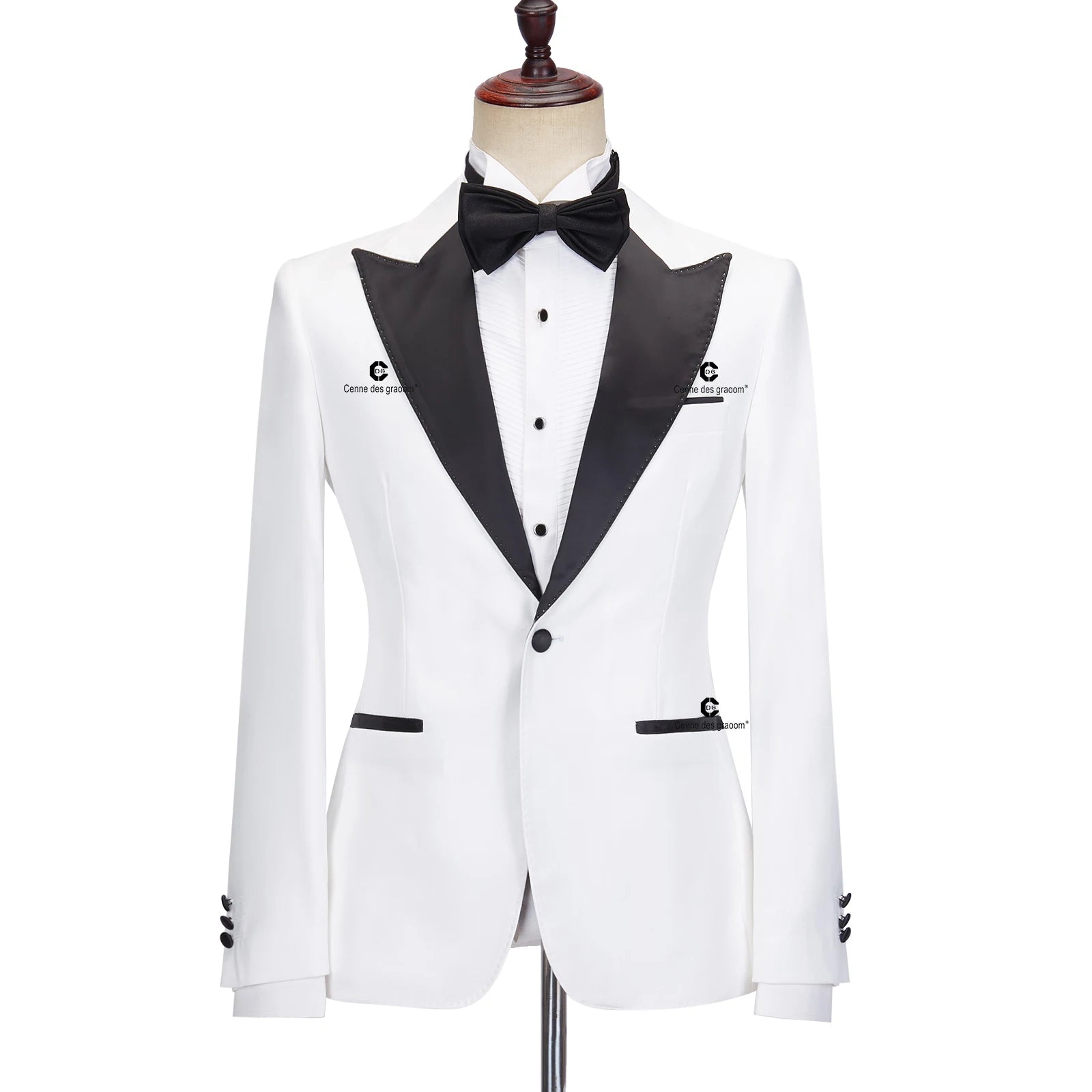 Cenne Des Graoom Lapel Slim Fit Black and White Solid One Button Elegant Suit