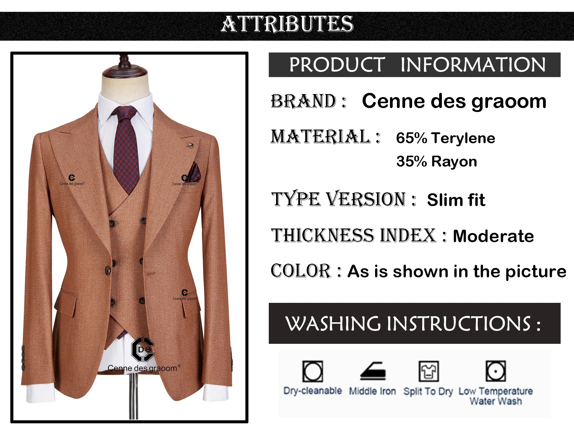 Cenne Des Graoom  Tailor-Made Wedding Groom 3-Piece Single Button Blazer