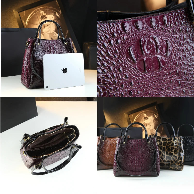 Genuine Leather Women's Fashion Crocodile Print Bucket Bag