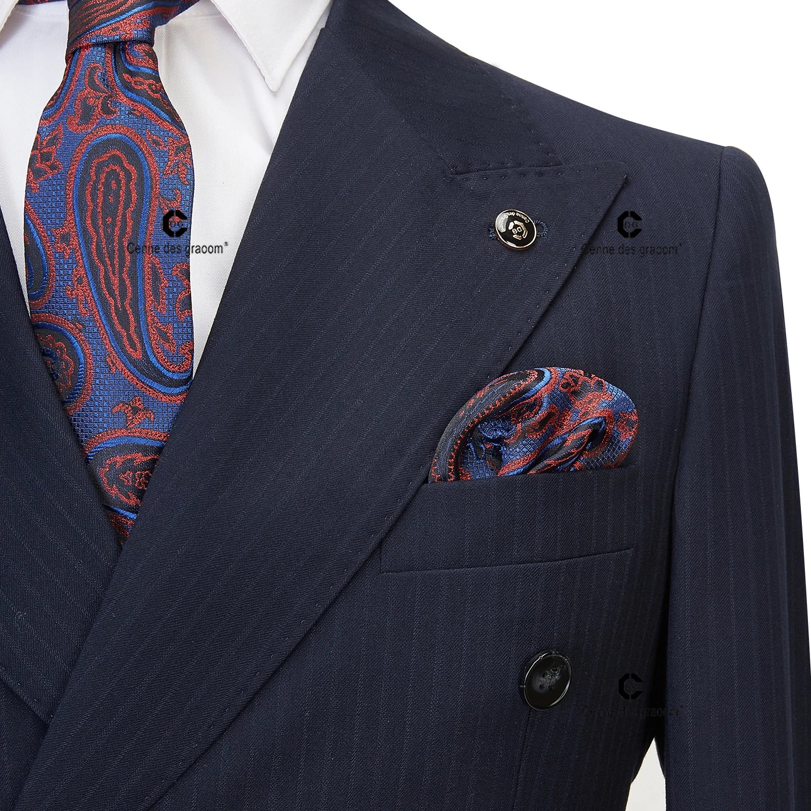Cenne Des Graoom Double-Breasted Blue Black Stripe Men's Suits 2-Piece Set