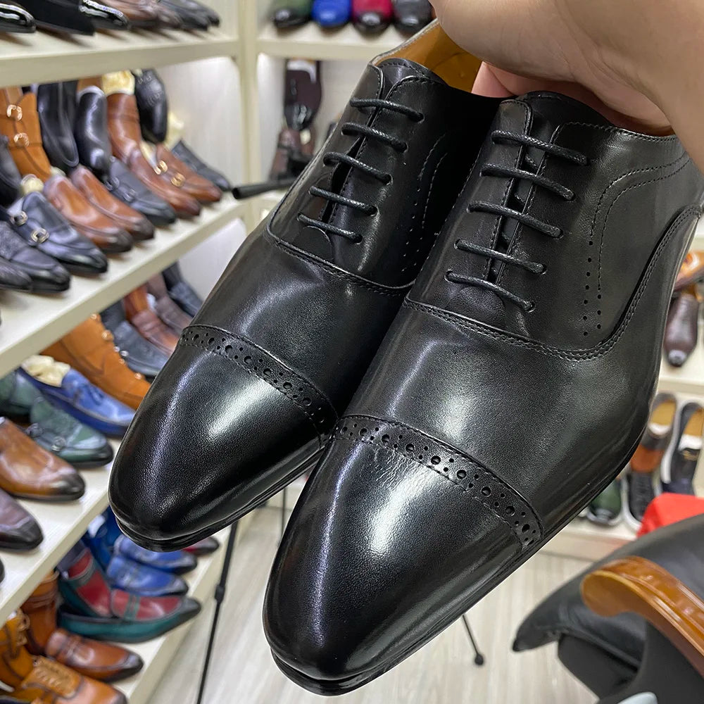 Genuine Leather Oxford Men Lace-Up Cap Toe Pointed Shoes