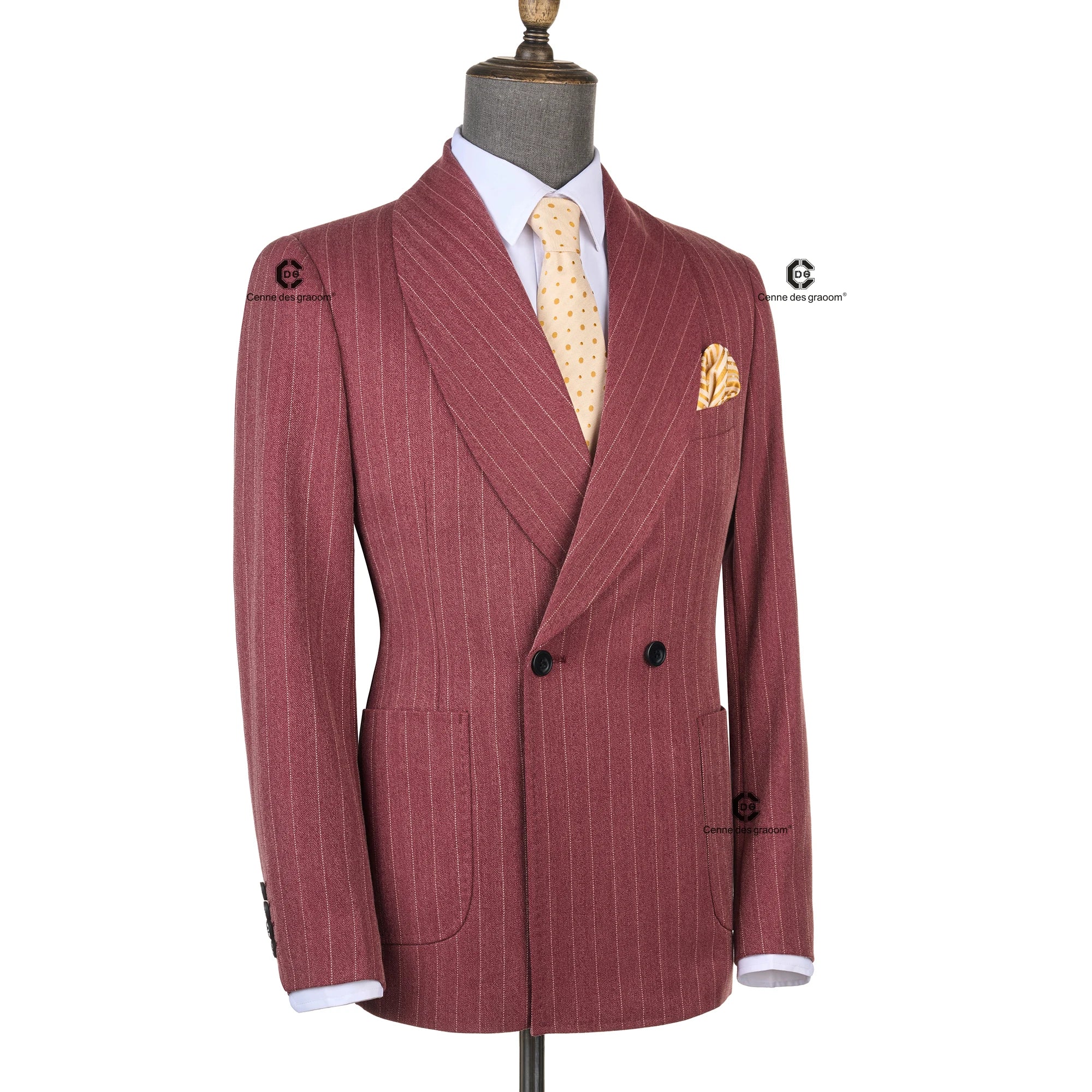 Cenne Des Graoom Maroon Striped Double-Breasted Men's Suits With Patch Pocket