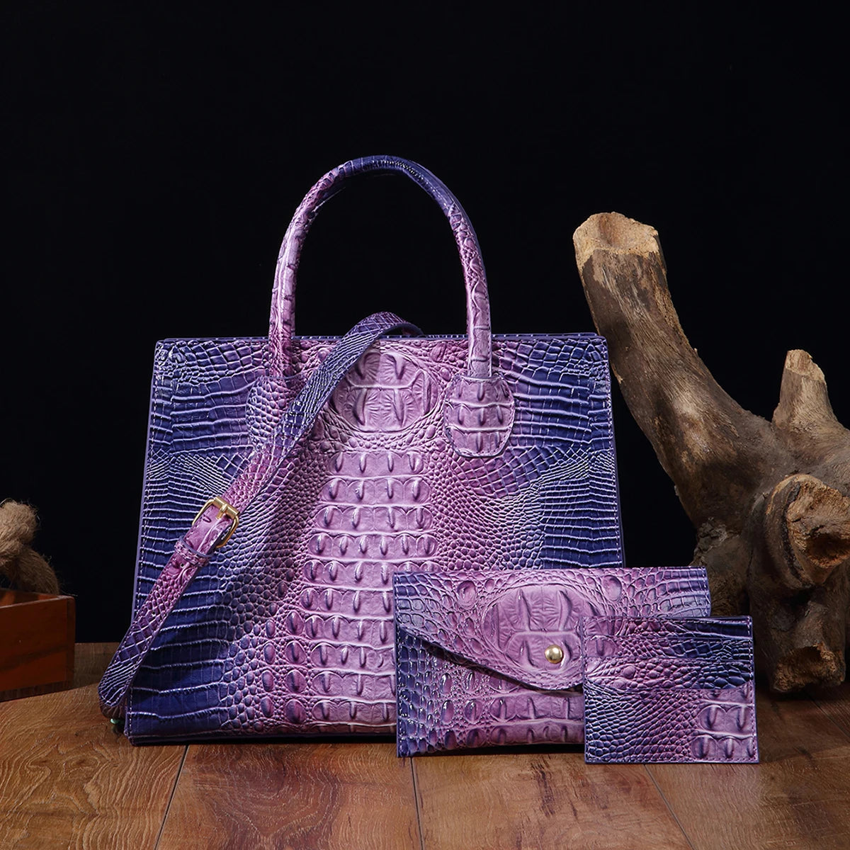 3 Pcs Crocodile Pattern Handbag & Purses Set