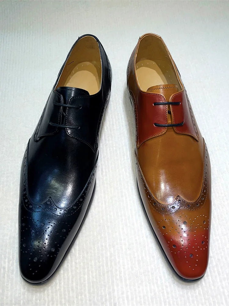 Genuine Leather Brogue Shoes Handmade Casual Oxfords Breathable Lace-Up Dress Shoes