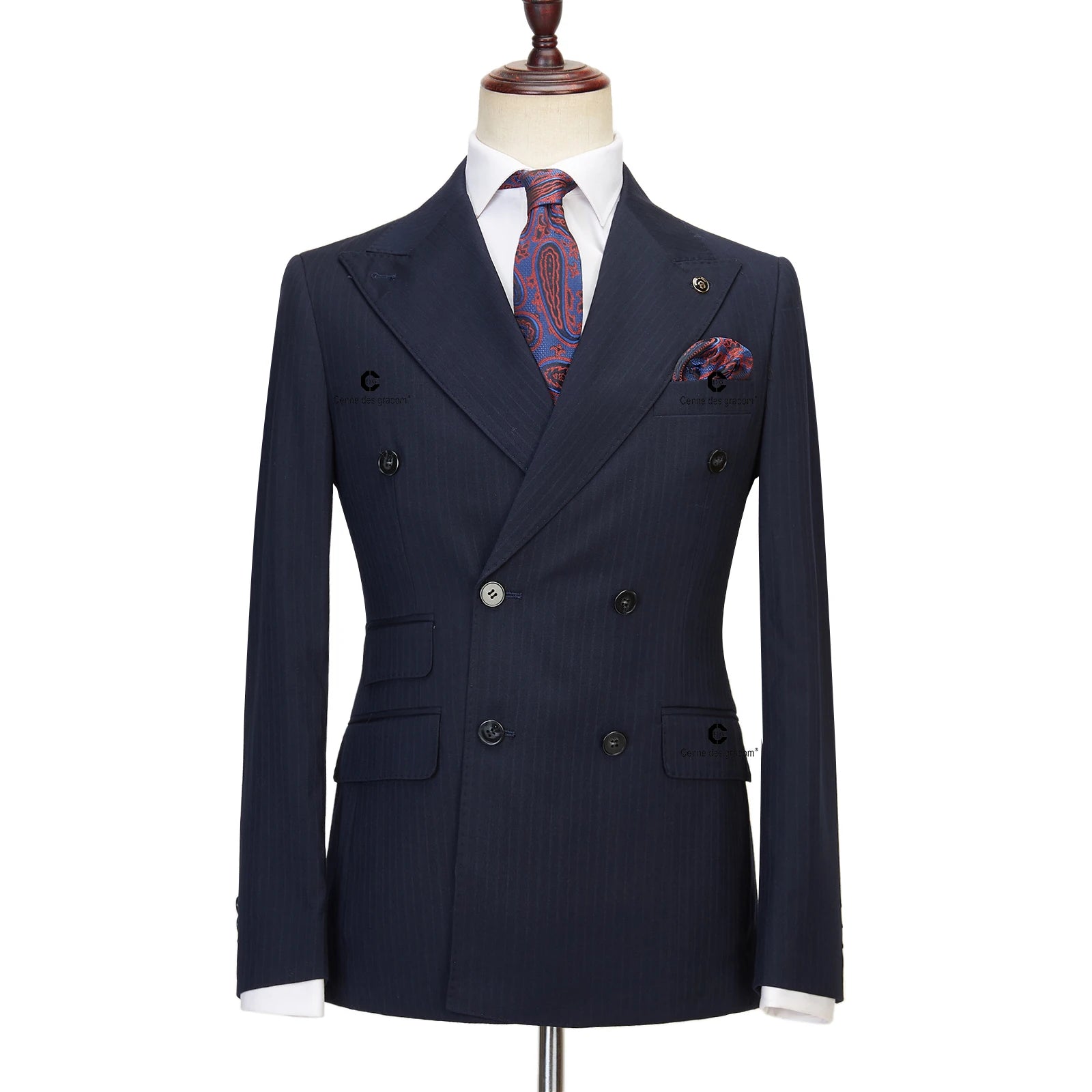 Cenne Des Graoom Double-Breasted Blue Black Stripe Men's Suits 2-Piece Set