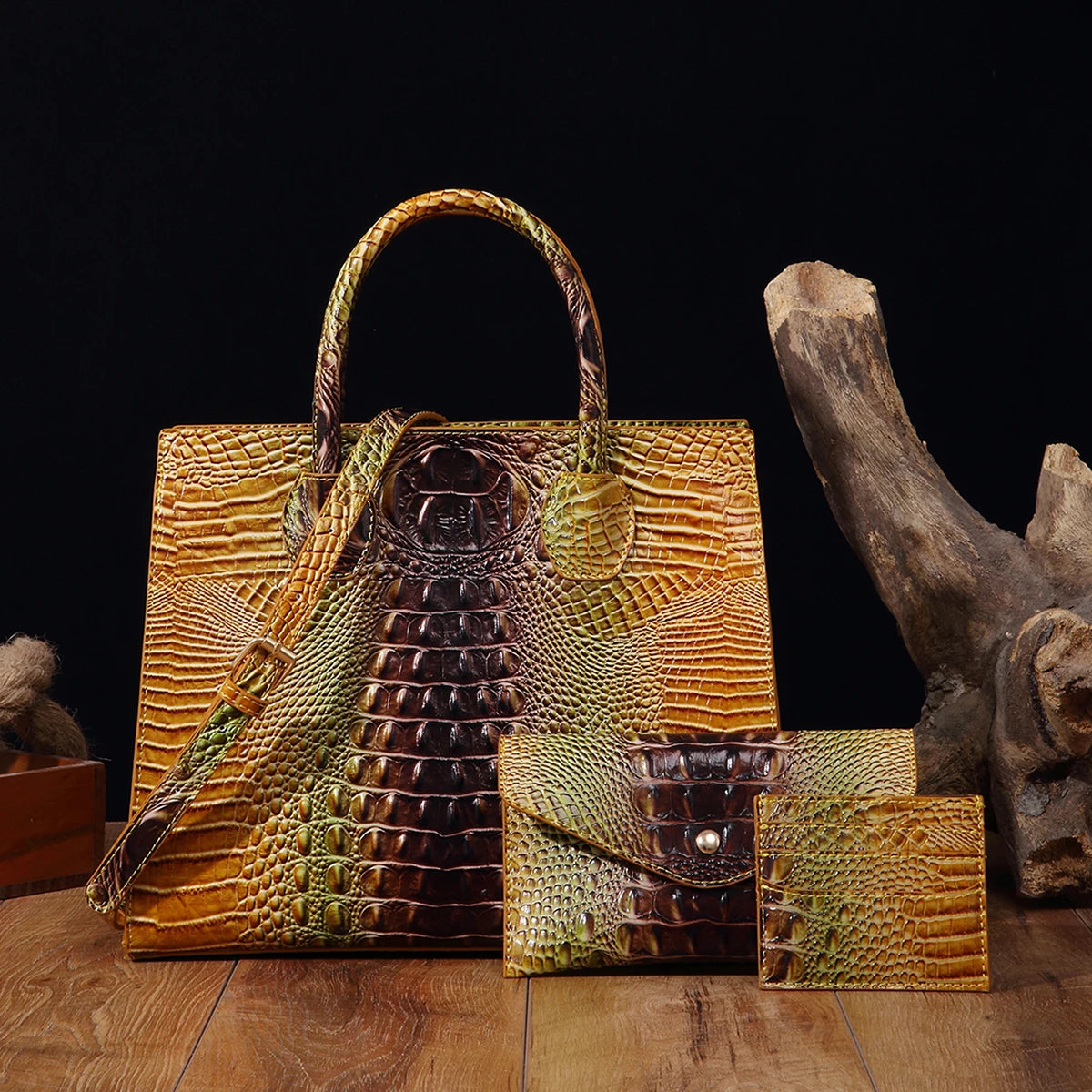 3 Pcs Crocodile Pattern Handbag & Purses Set