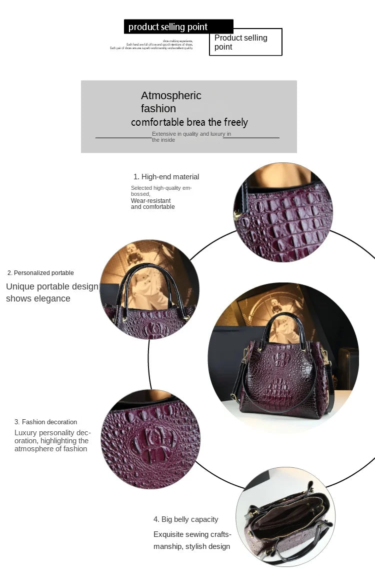 Genuine Leather Women's Fashion Crocodile Print Bucket Bag