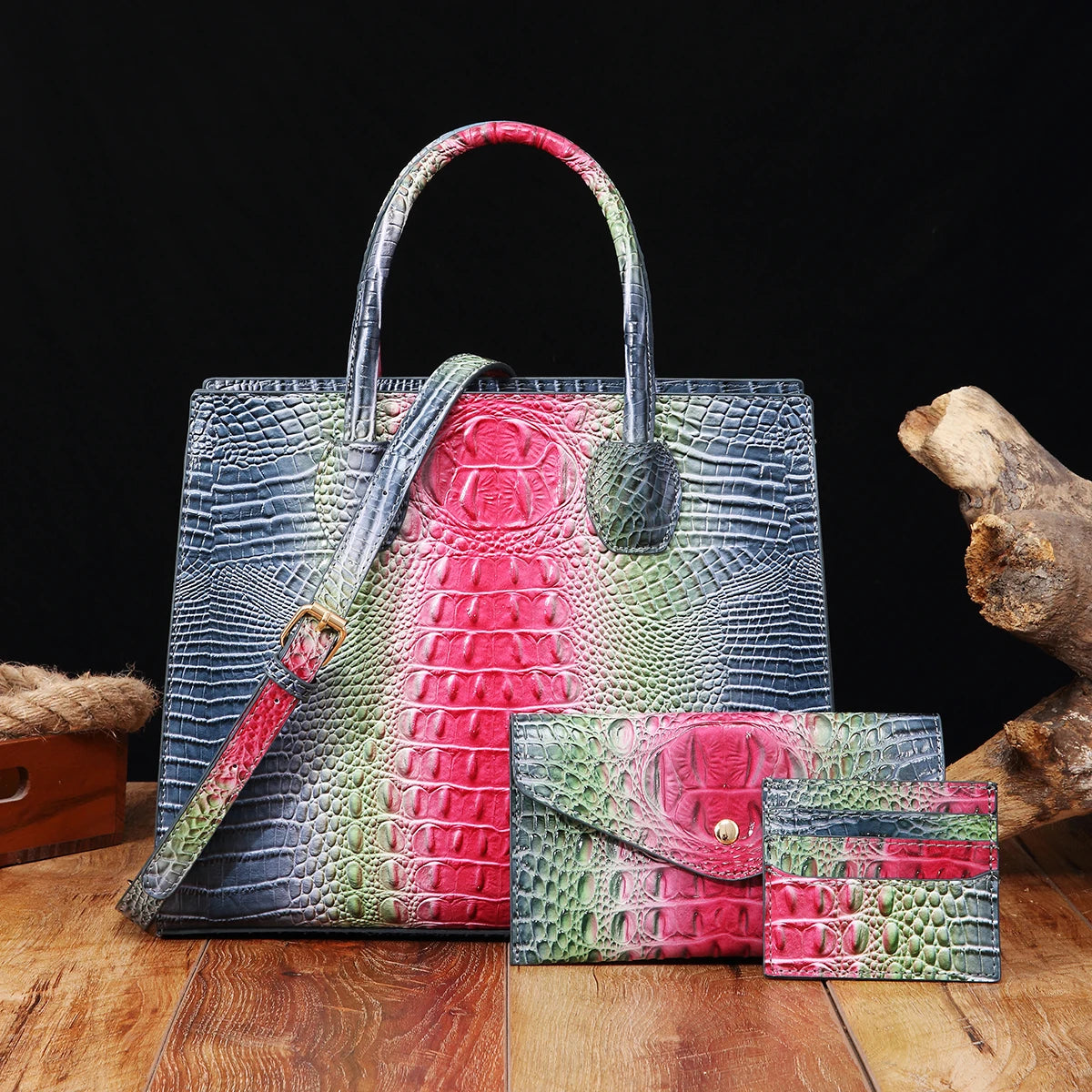 3 Pcs Crocodile Pattern Handbag & Purses Set