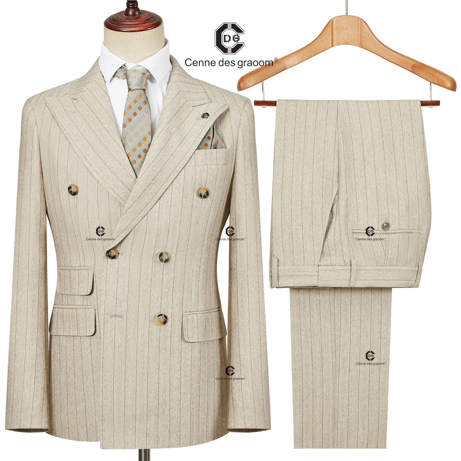 Cenne Des Graoom Double-Breasted Khaki Stripe Suits for Men