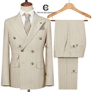 Cenne Des Graoom Double-Breasted Khaki Stripe Suits for Men