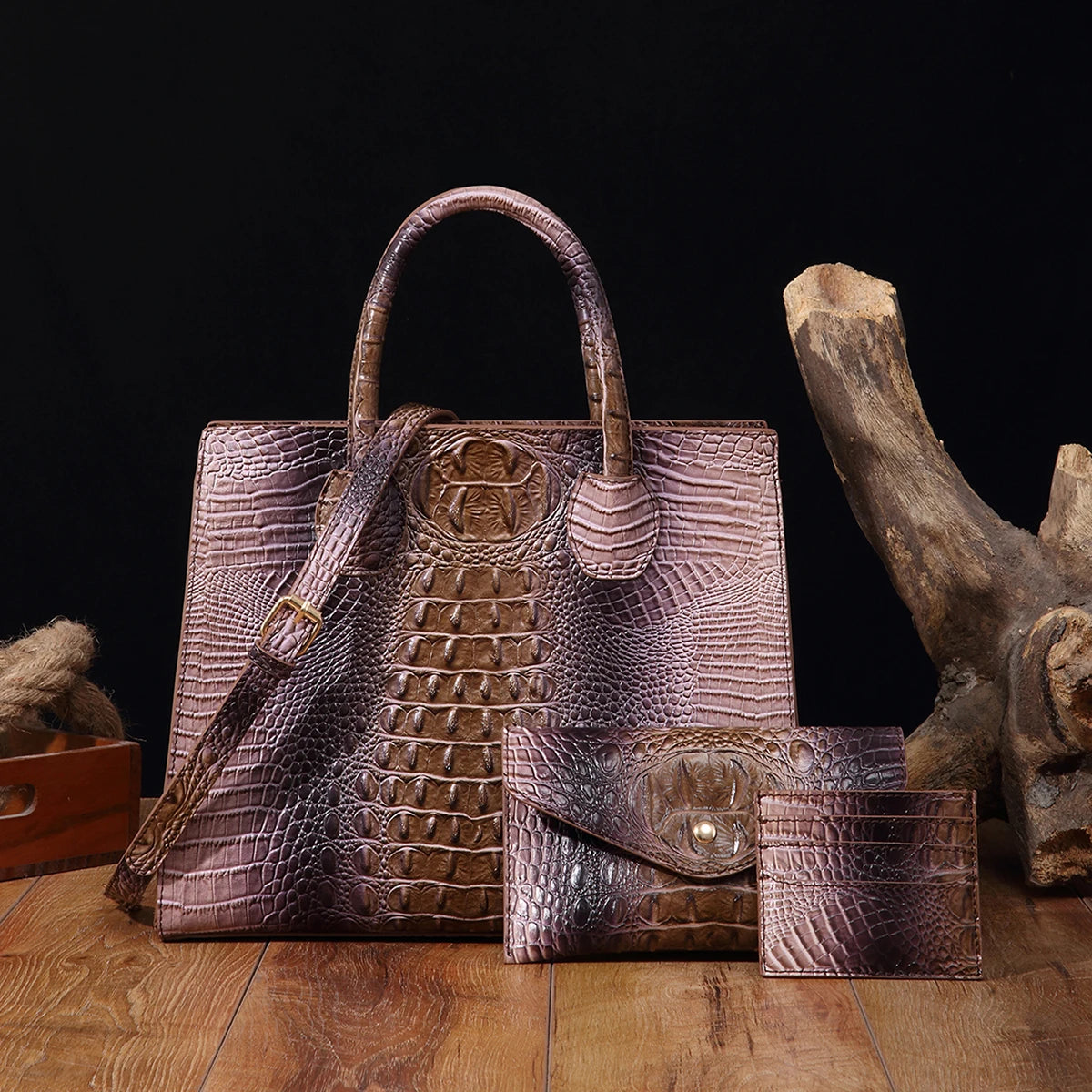 3 Pcs Crocodile Pattern Handbag & Purses Set