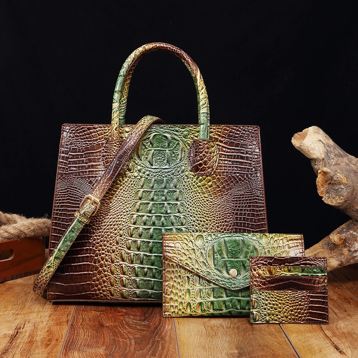 3 Pcs Crocodile Pattern Handbag & Purses Set