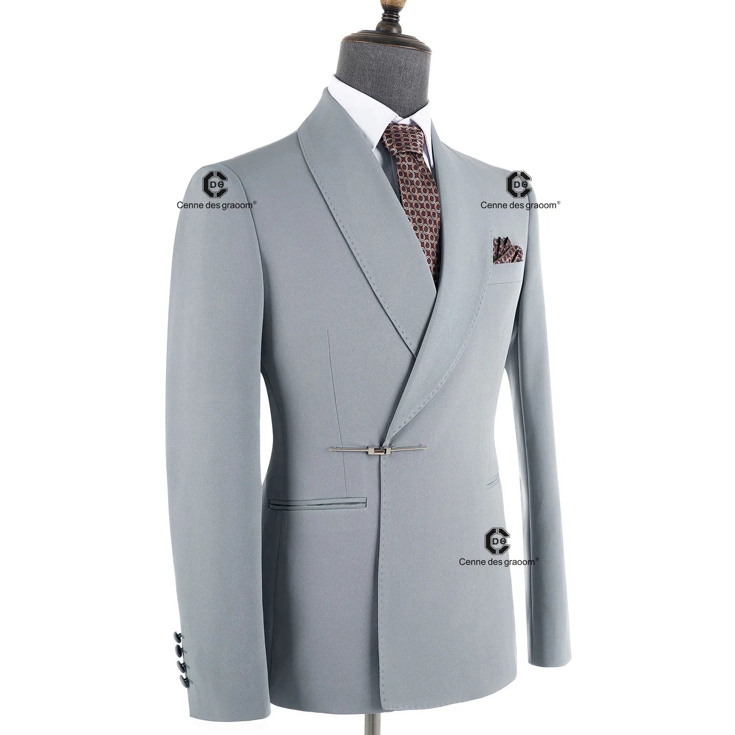 Cenne Des Graoom Elegant Light Grey Men's Suits Metal Side Release Buckle 2-Piece Set High Quality