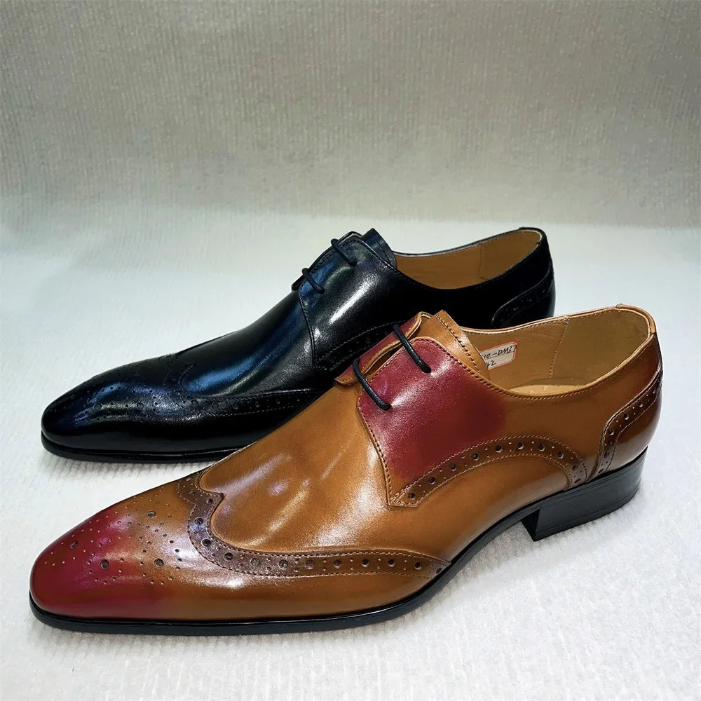 Genuine Leather Brogue Shoes Handmade Casual Oxfords Breathable Lace-Up Dress Shoes