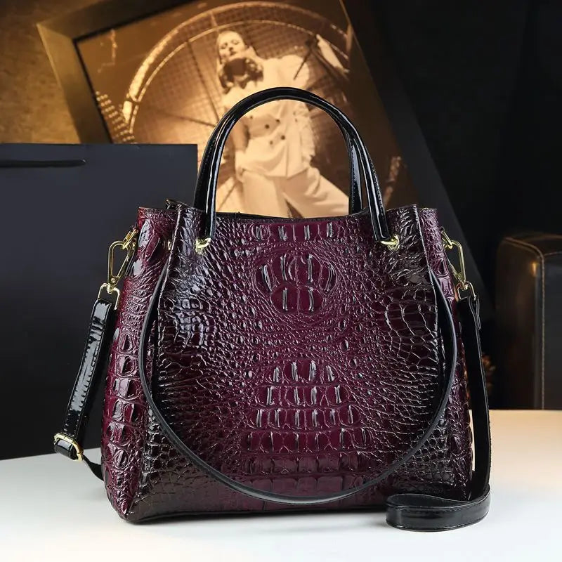 Genuine Leather Women's Fashion Crocodile Print Bucket Bag