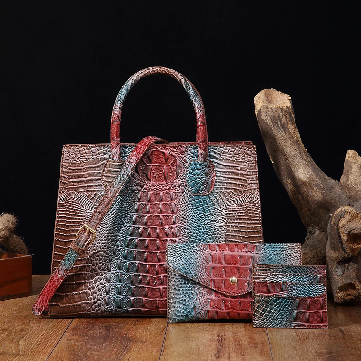 3 Pcs Crocodile Pattern Handbag & Purses Set