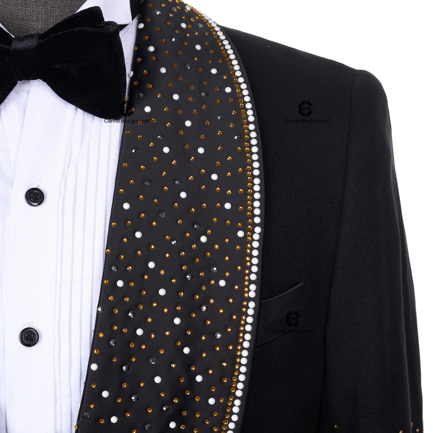 Cenne Des Graoom Men's Suits Ornament Shining Black Gold Tuxedo with Oversized Shawl Lapel