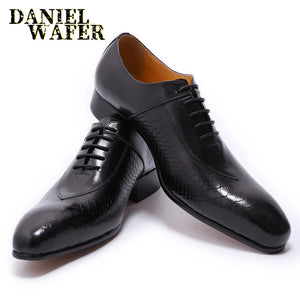 Fashion Men's Genuine Leather Oxford Snake Skin Prints Handmade Lace Up Pointed Toe Dress Shoes