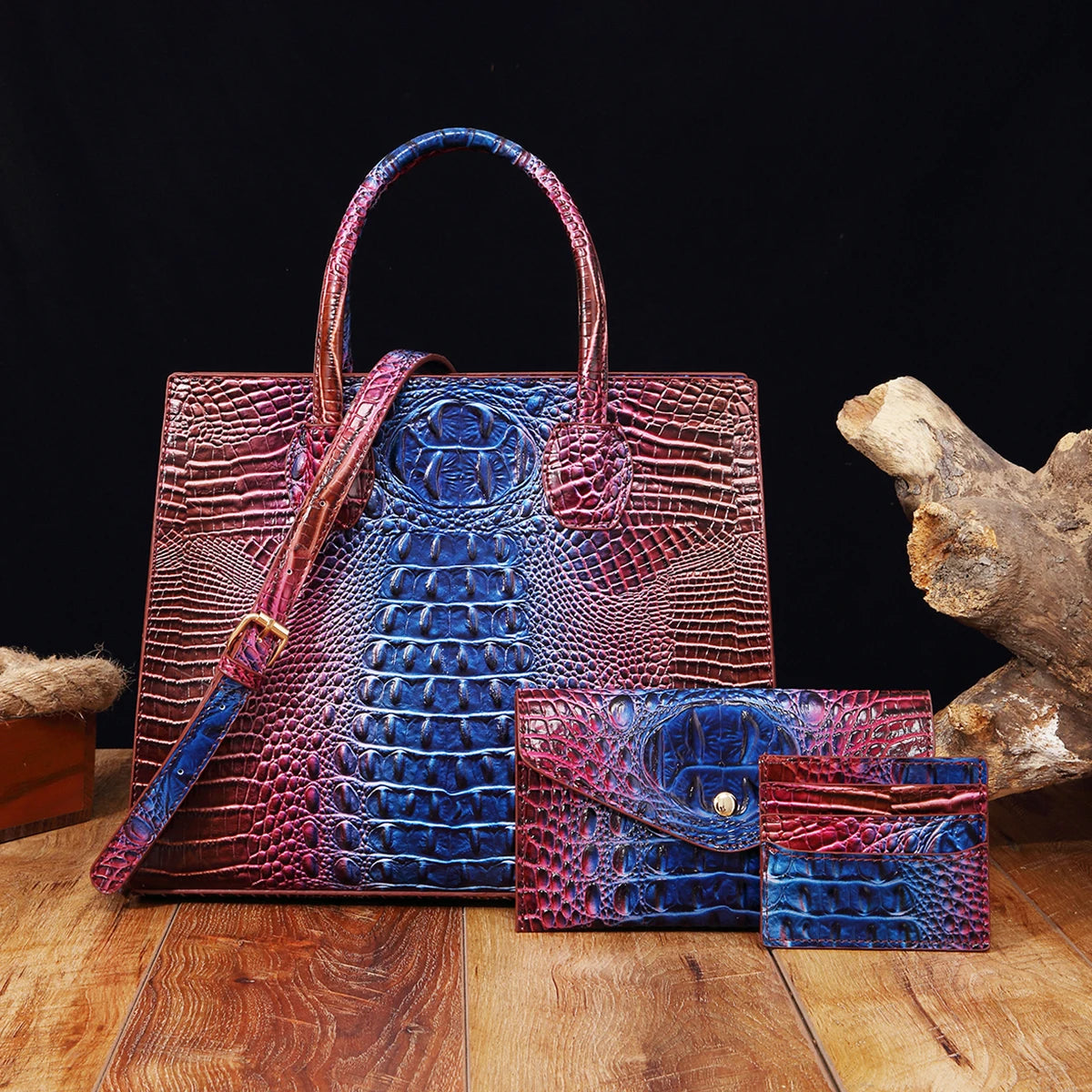 3 Pcs Crocodile Pattern Handbag & Purses Set