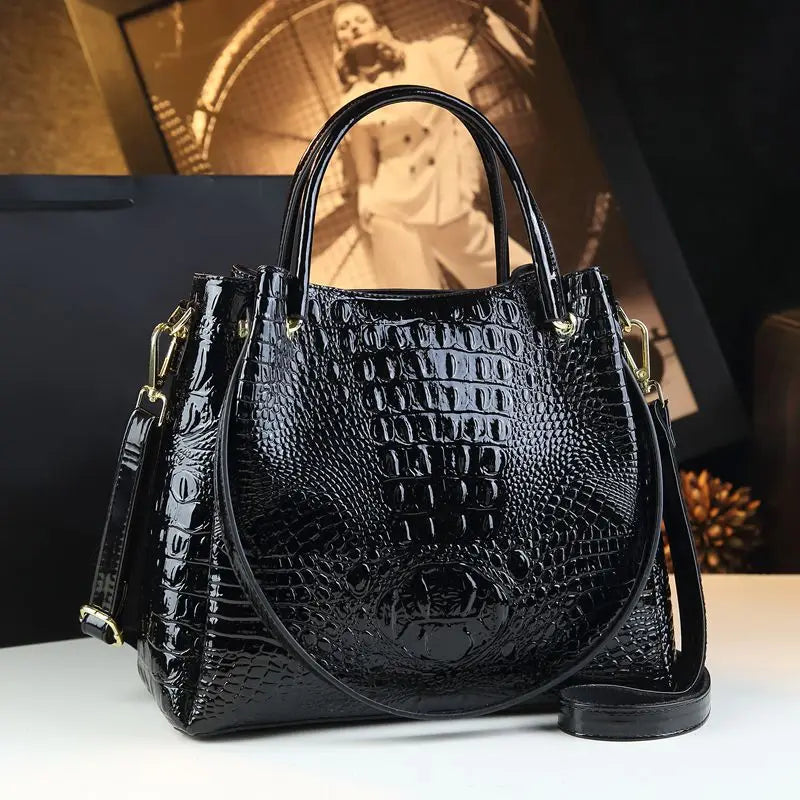 Genuine Leather Women's Fashion Crocodile Print Bucket Bag