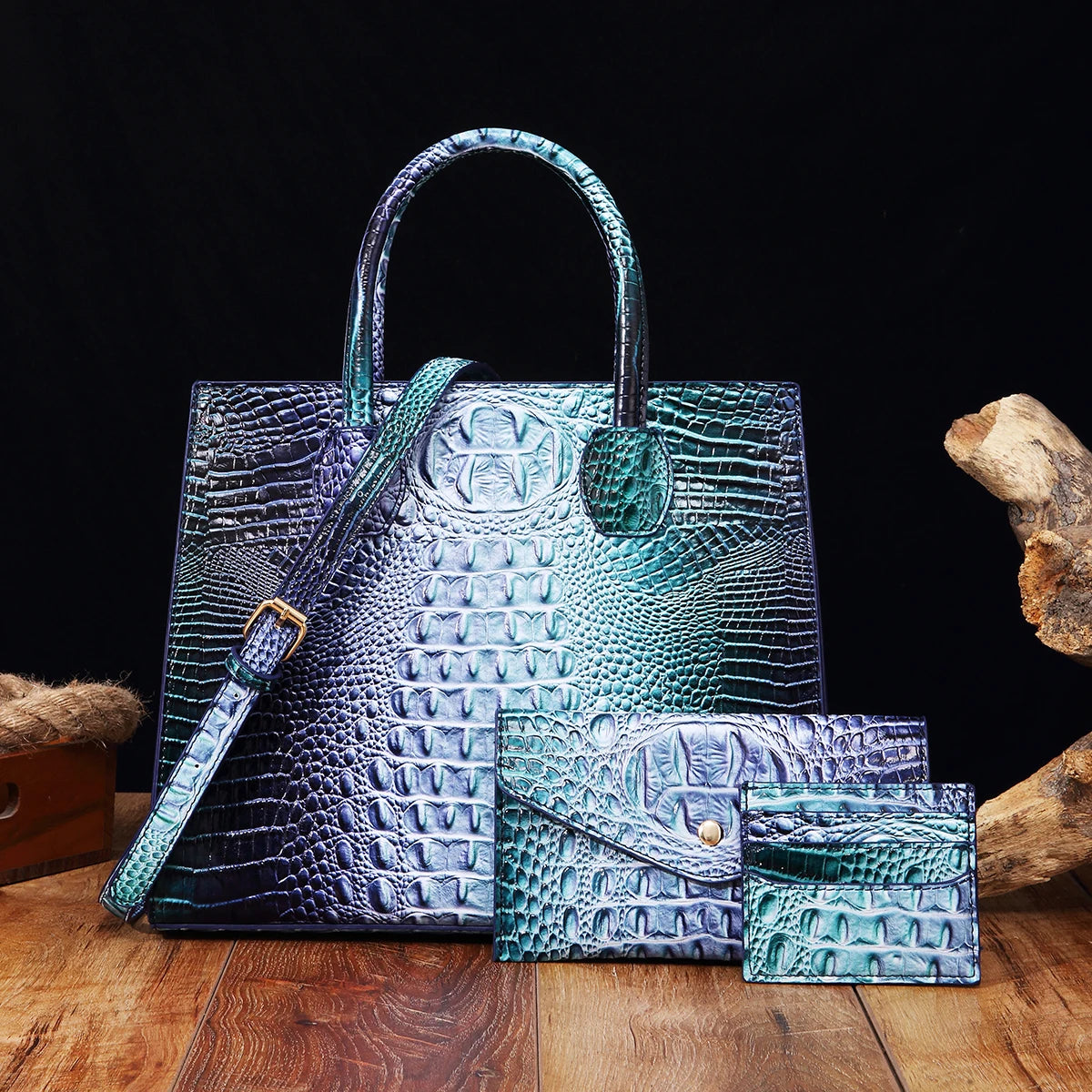 3 Pcs Crocodile Pattern Handbag & Purses Set