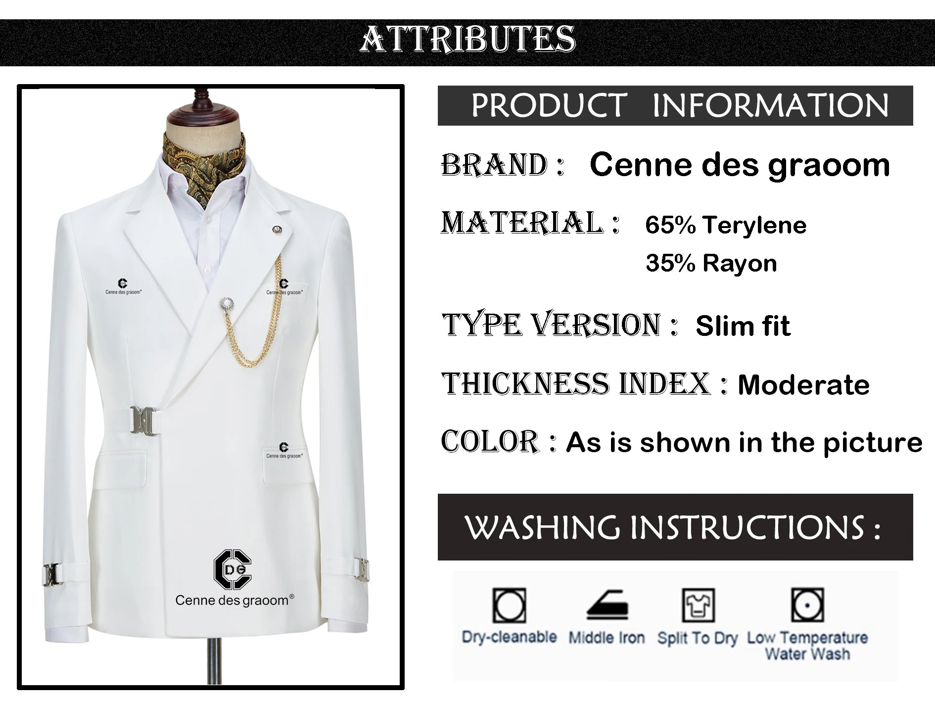 Cenne Des Graoom Blazer Jacket Pants Set Suits For Men Metal Side Release Buckle