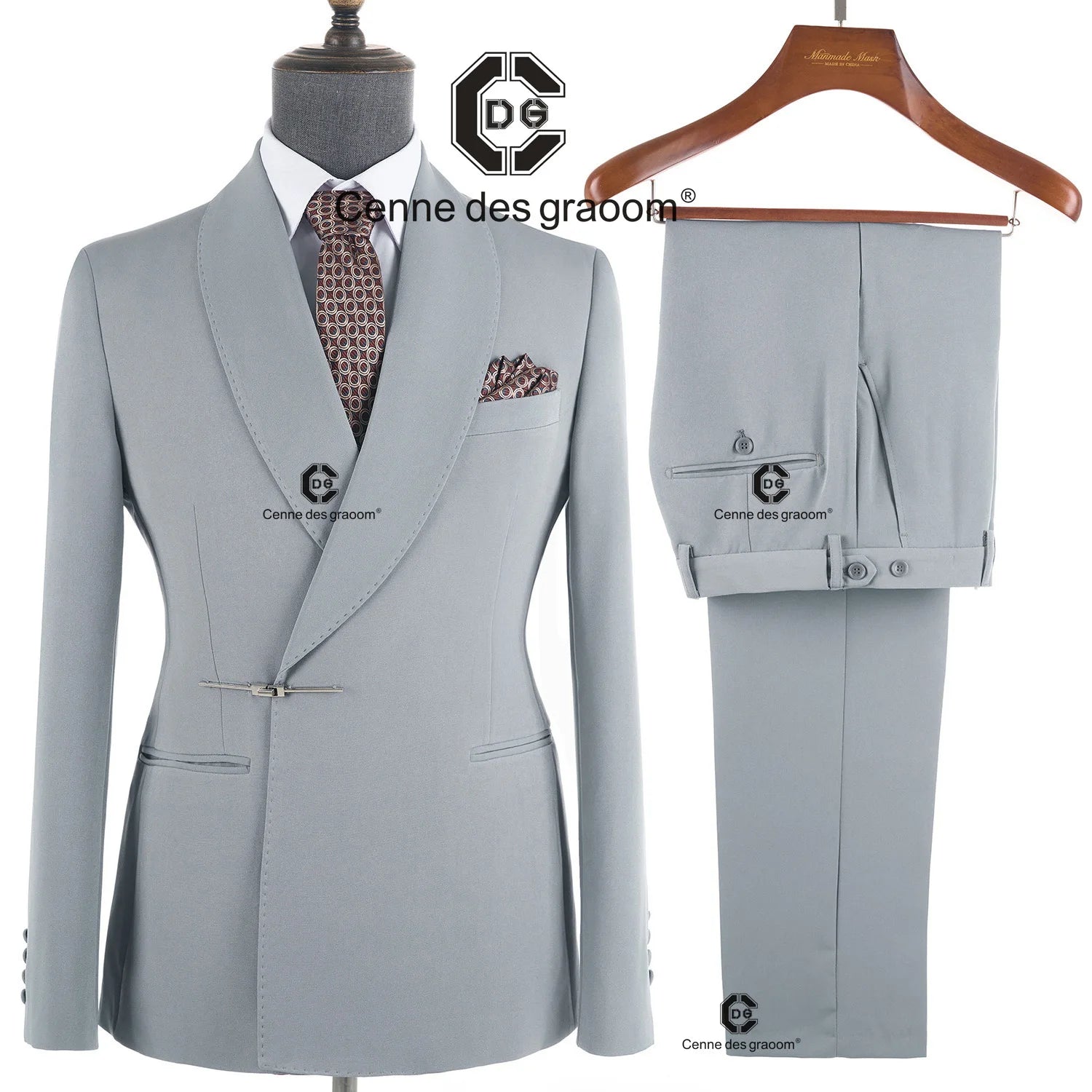 Cenne Des Graoom Elegant Light Grey Men's Suits Metal Side Release Buckle 2-Piece Set High Quality