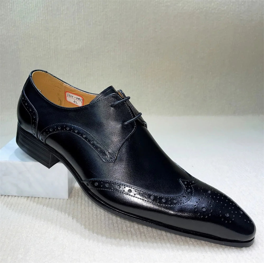 Genuine Leather Brogue Shoes Handmade Casual Oxfords Breathable Lace-Up Dress Shoes
