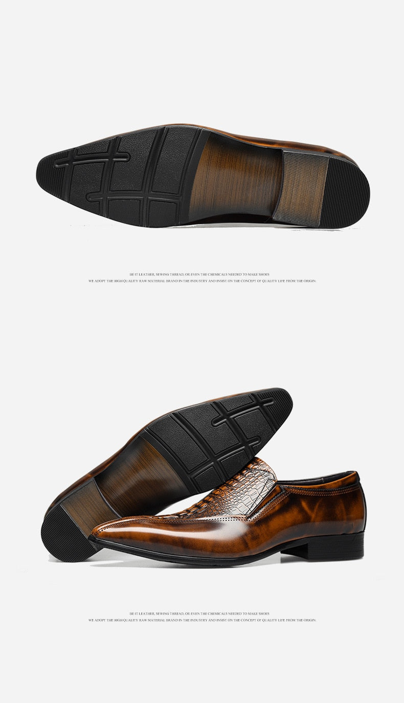 Real Patent Leather Men's Dress Shoes Fashion Crocodile Pattern Slip on Luxury Handmade Genuine Leather Shoes