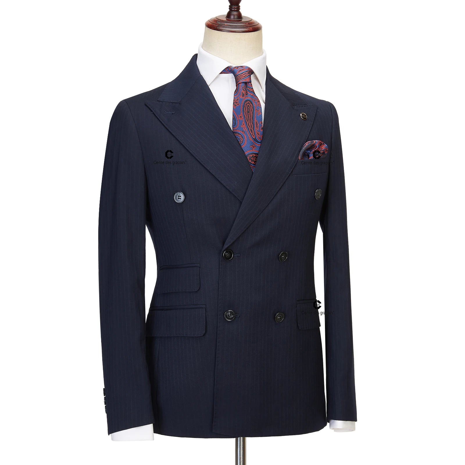 Cenne Des Graoom Double-Breasted Blue Black Stripe Men's Suits 2-Piece Set